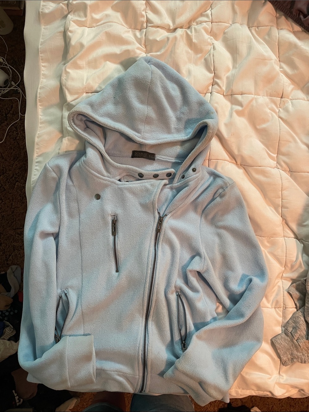 Doublju Light Blue Hooded Teddy Fleece Jacket